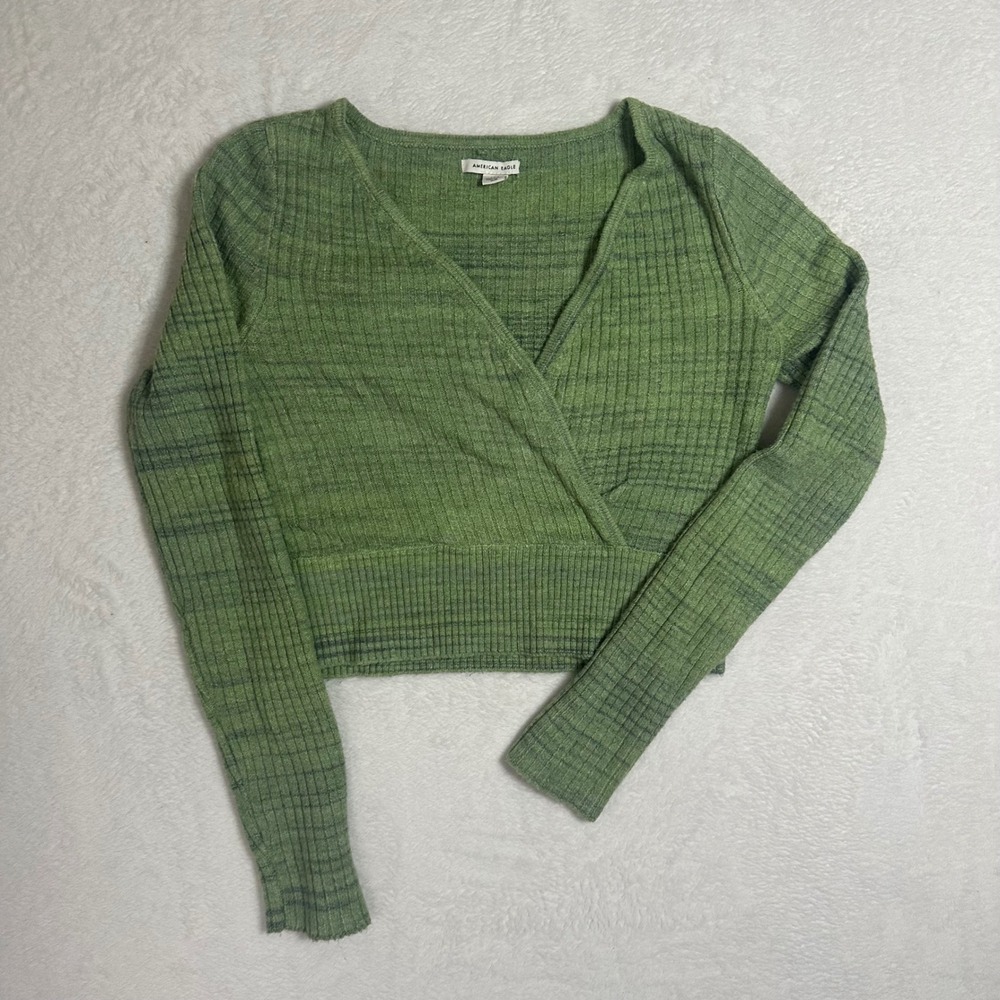 American Eagle Green Ribbed Wrap Crop Top L Long Sleeve V-Neck Soft Coquette